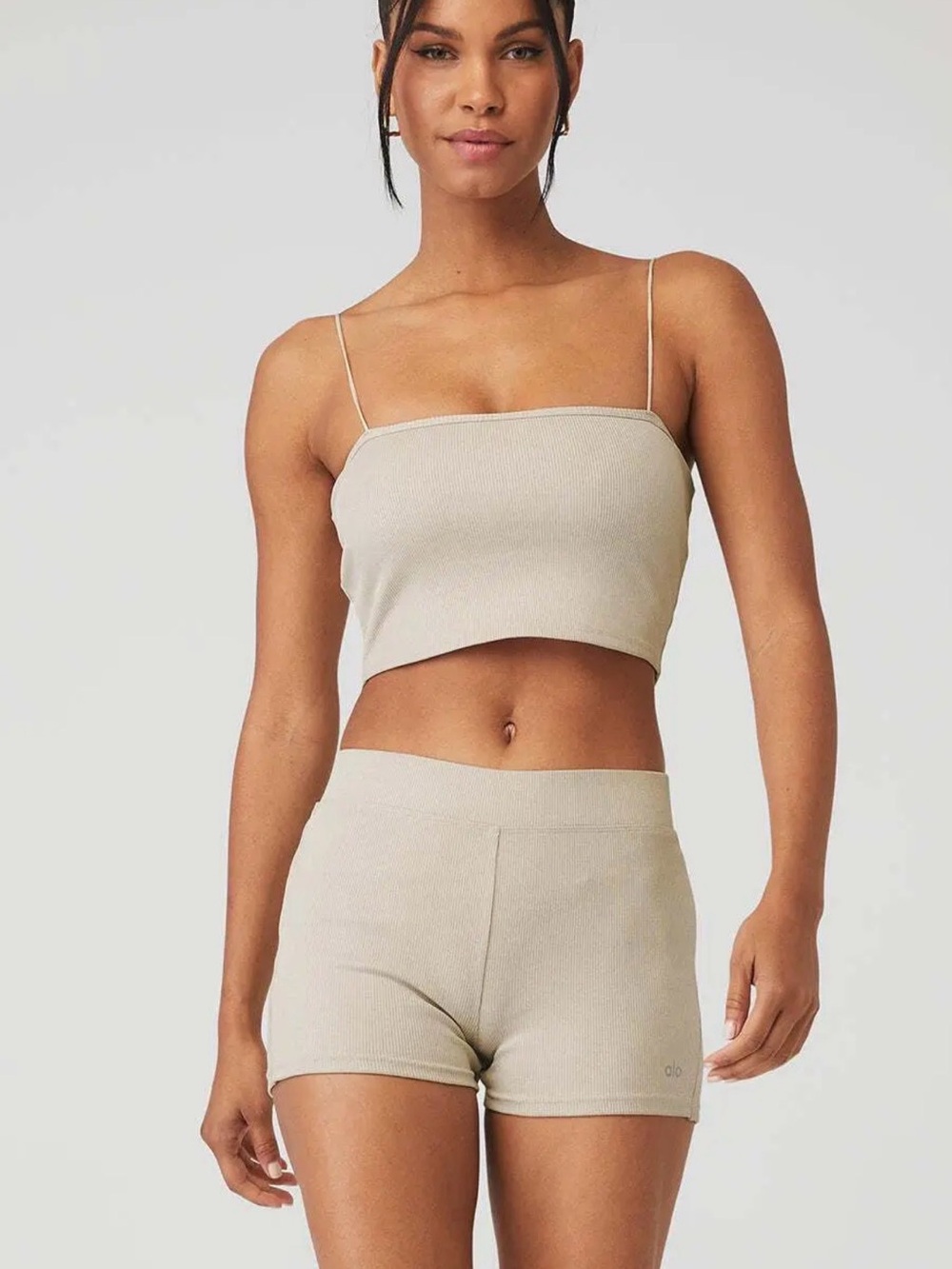Alo Goddess Oatmeal Ribbed Crop Cami & Shorts Set
